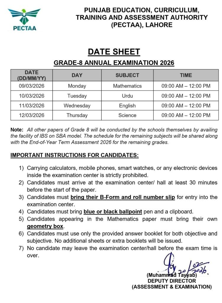  Class 8 Exams 2026 Date Sheet
